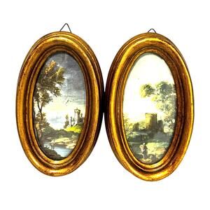 Miniature Italian Florentine style gold framed art prints TWO small oval hangers